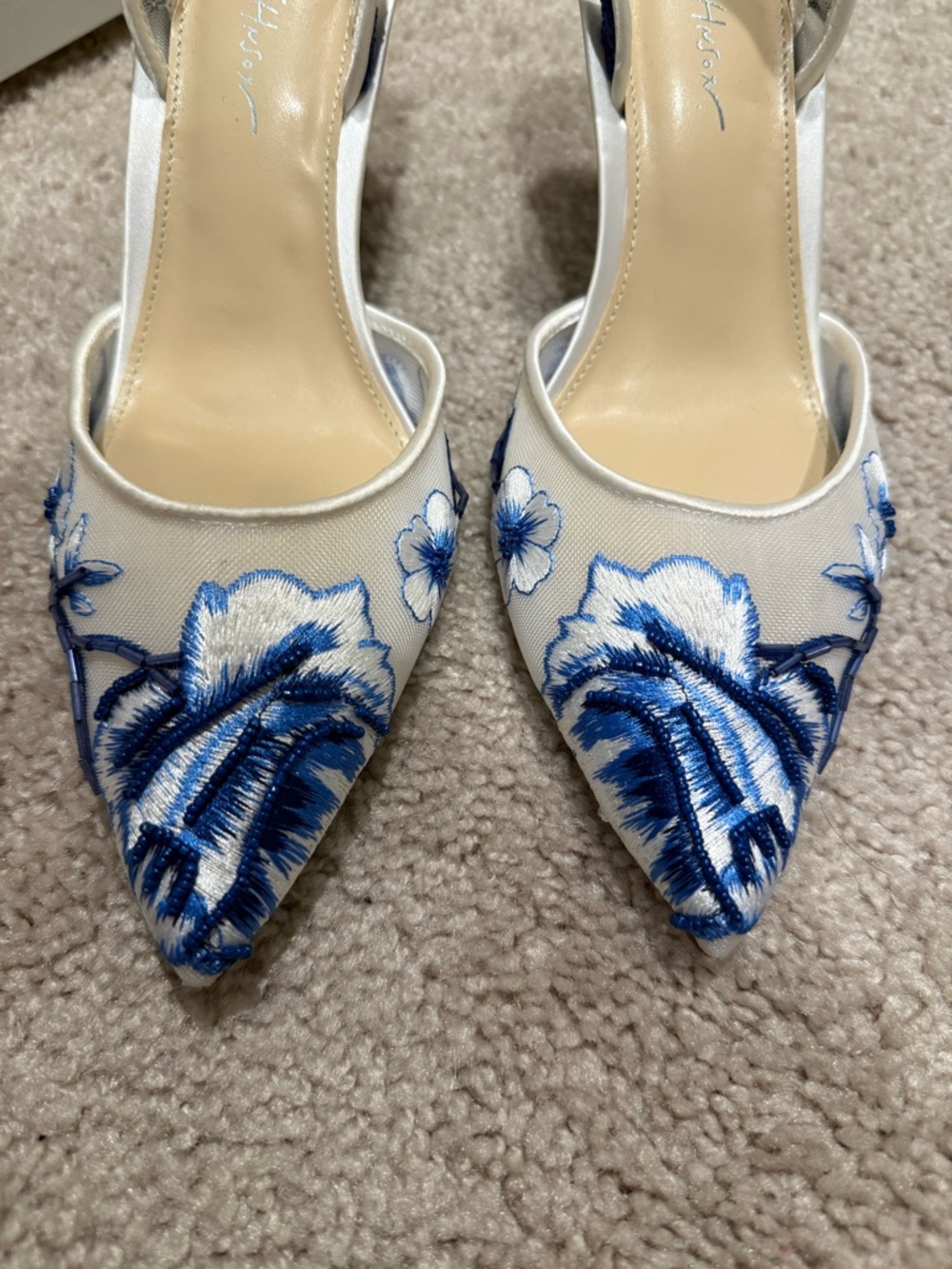 Betsey Johnson White Slingback Heels with Blue Floral Embroidery - Picture 2 of 7